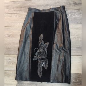 Vintage Shanna Elegant Black Leather Skirt with Floral Detail Size 44 Or Large